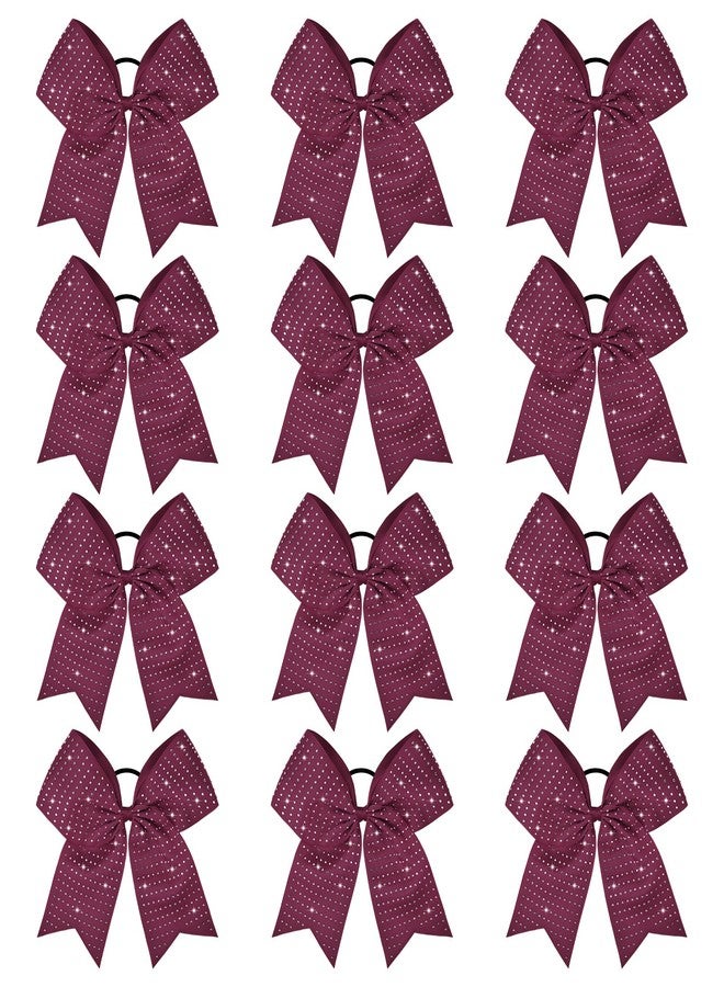 CEELGON 12 PCS Burgundy Glitter Cheer Bows Large 8” Full Rhinestones Shiny Cheer Bow Elastic Hair Tie Bows for Teens Girls Softball Competition Sports Cheerleaders (Burgundy) - Image 1